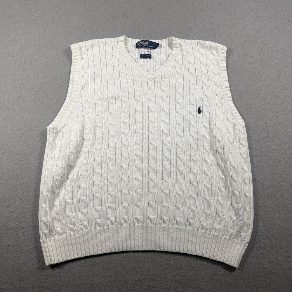 Polo By Ralph Lauren Sweater Vest Mens XL White Cable Knit Cotton V Neck Preppy